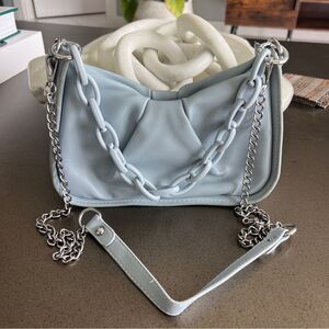 Light Blue Faux Leather Shoulder Bag with Chain Straps